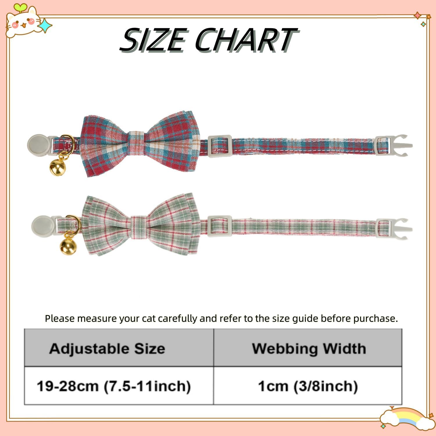 2 Pack Soft Cotton Christmas Cat Collars with Bowtie and Bell Breakaway Plaid Cat Kitten Collar(Red and Green)