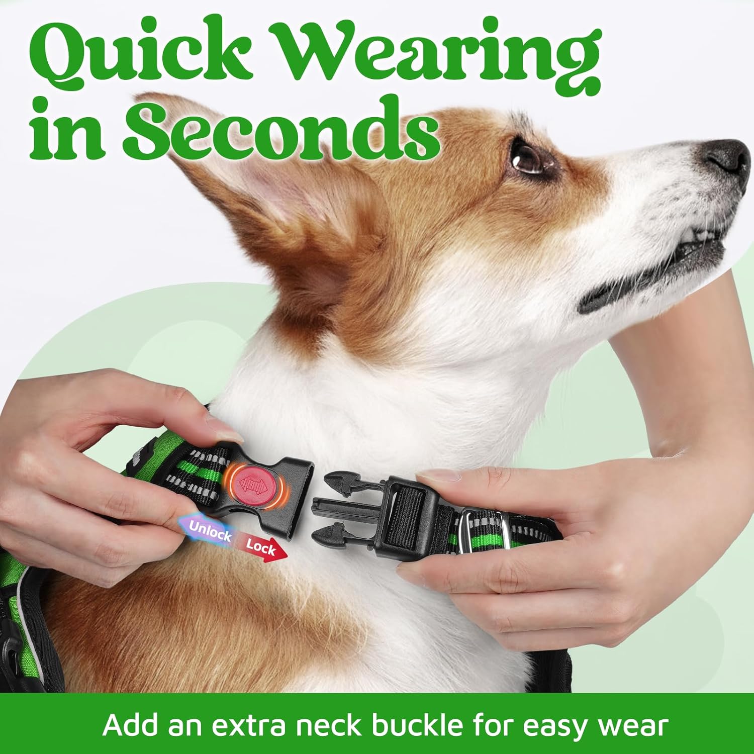 rabbitgoo Dog Harness Medium Sized, No Pull Dog Vest with 3 Buckles, Adjustable Soft Padded Pet Harness with Easy Control Handle and Reflective Strips, Green, M