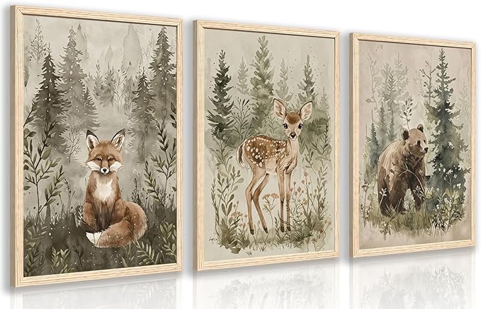 kilamino Wood Framed Woodland Animal Nursery Wall Art, Cute Fox Bear Deer Wall Decor, Neutral Wildlife Animal Art Prints, Funny Nature Forest Animal Canvas Paintings for Baby Room Playroom 16"x24"x3