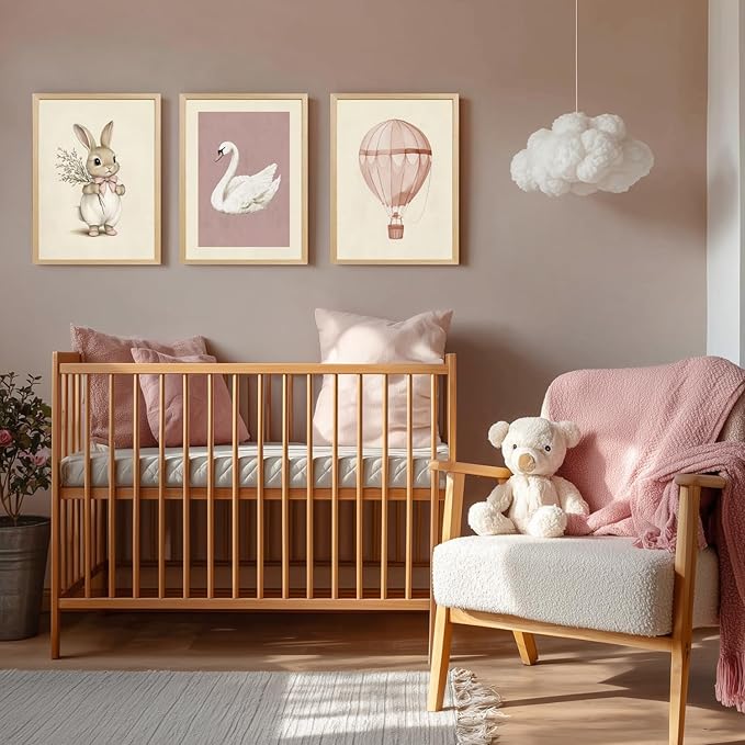kilamino Pink Baby Girl Nursery Wall Art, Neutral Cute Rabbit and Swan Wall Decor, Vintage Hot Air Balloon Poster Prints, Pastel Bunny Animals Canvas Paintings for Baby Room Wood Framed 12"x16"x3