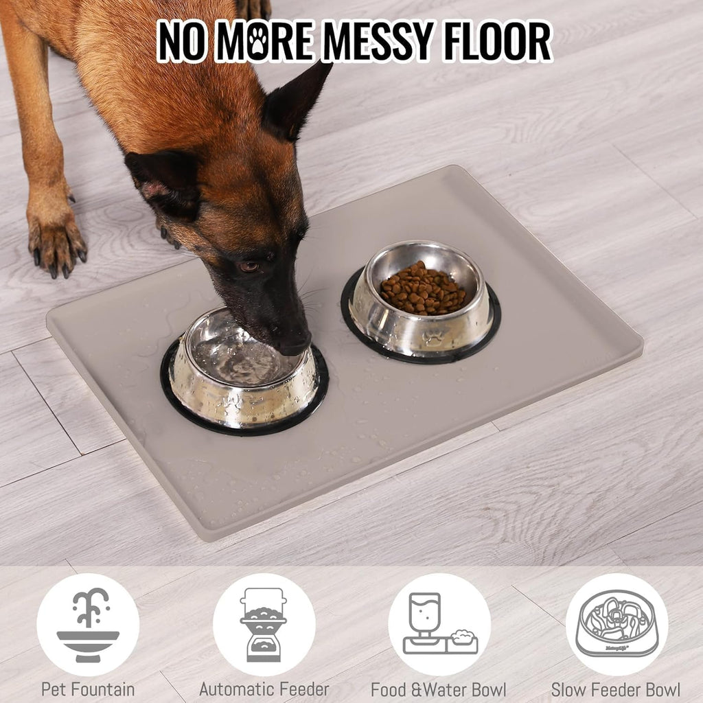MateeyLife Dog & Cat Food Mat - Waterproof, Nonslip, Raised Edges, Silicone Tray for Messy Drinkers, 18"x12", Taupe