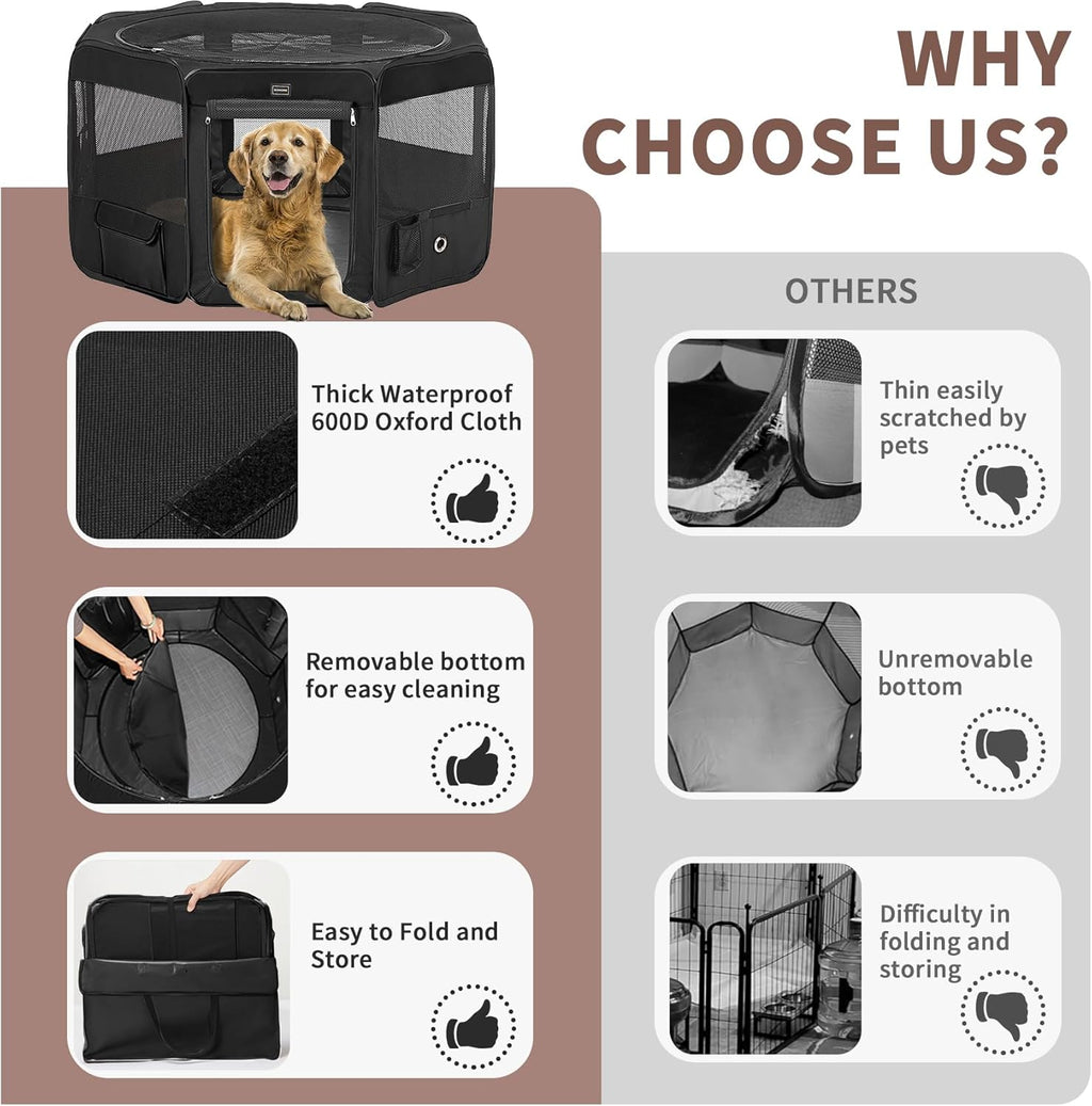 DONORO Dog Playpen Portable Pet Play Pens for Small Dog/Cat/Rabbit/Chicks, Cat Playpen Indoor/Outdoor with Carring Case, Removable Zipper Top and Bottom (Black, Extra Large (55"x55"x30"), 8)
