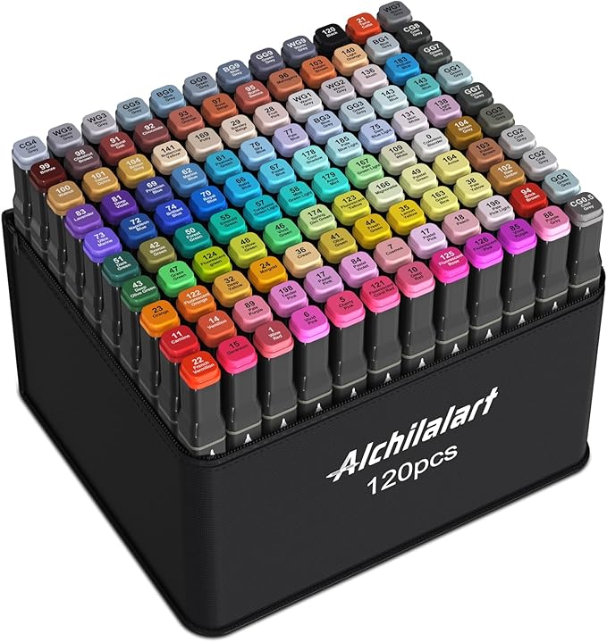alchilalart 120 color alcohol base markers, alcohol marker set with base, double head alcohol sketch drawing markers animation for adults and children