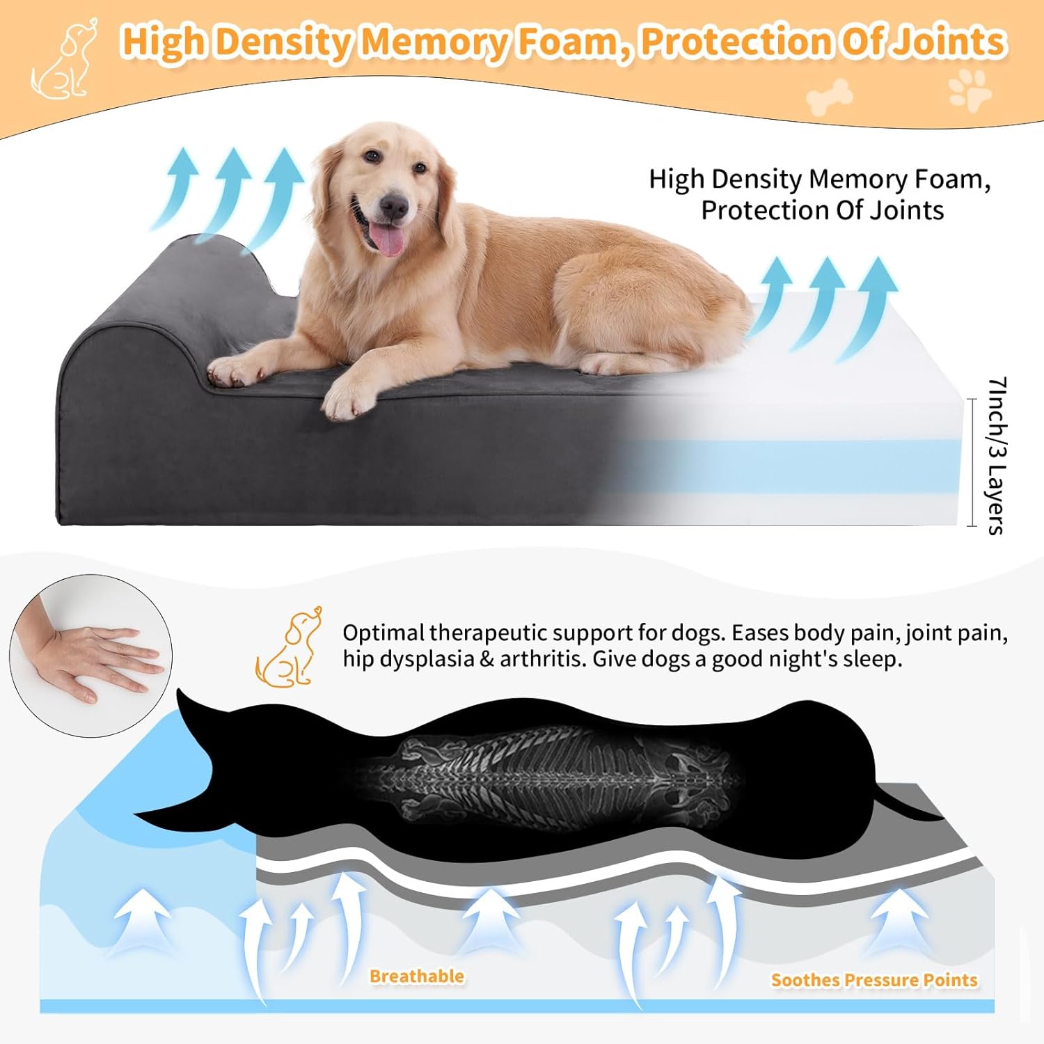Large Orthopedic Dog Bed, 7" Memory Foam with Waterproof Liner, Chew Resistant Microsuede Cover, Removable and Washable, for Indoor, Outdoor, and Car Use, Nonskid Base, 60"x48" XXL Grey