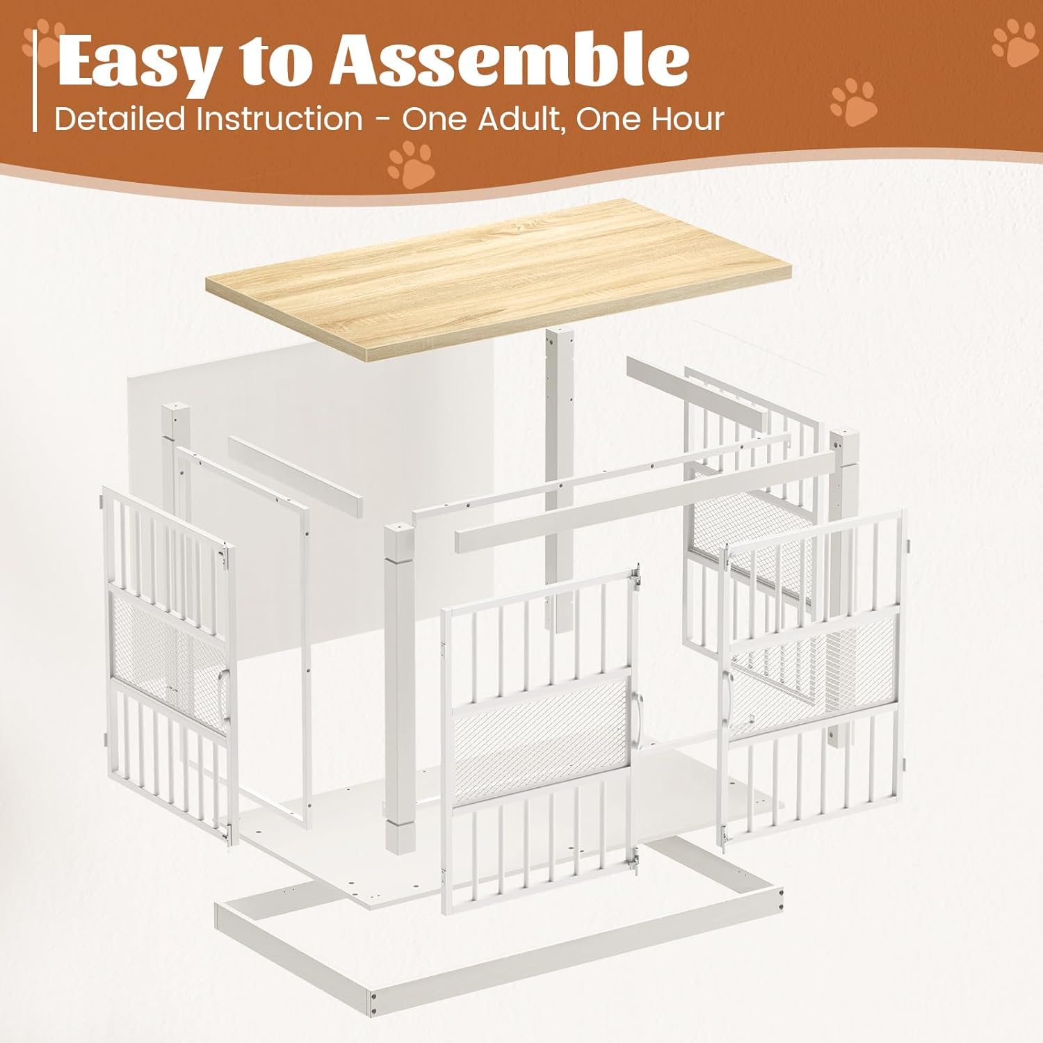 VOPEAK 46" Dog Crate Furniture, Chew Resistant Large Dog Crate for Medium Large Dogs, Heavy Duty XL Dog Crates Dog Kennel Cage Indoor with Double Doors, End Table for Bedroom Living Room, White