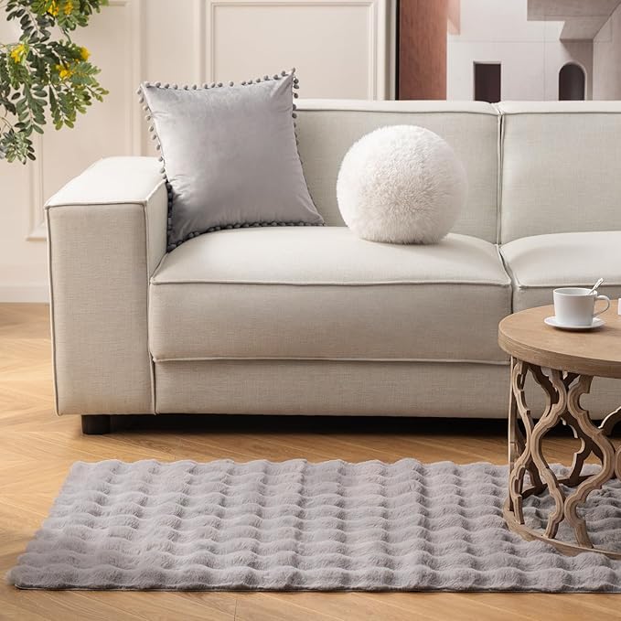 Ashler Home Deco Faux Fur Area Rug, Light Grey, 3x5 FT, Shaggy, Rectangular, Machine Washable, Non Slip
