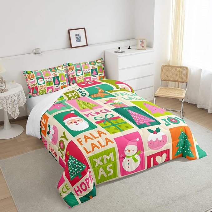 Feelyou Christmas Comforter Set Snowman Christmas Tree Print Kawaii Comforter Xmas Santa Claus Bedding Set for Kids Girls New Year Theme Quilt Set Bedroom Collection 2Pcs Twin Size