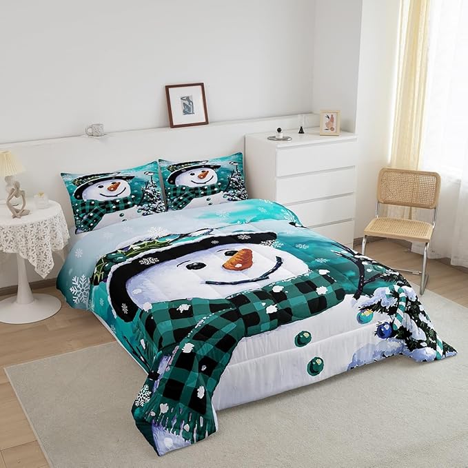 Feelyou Kids Christmas Theme Decorations Bedding Set Xmas Snowman Comforter Set for Boys Girls Watercolor Teal Bedroom Collection Twin Size