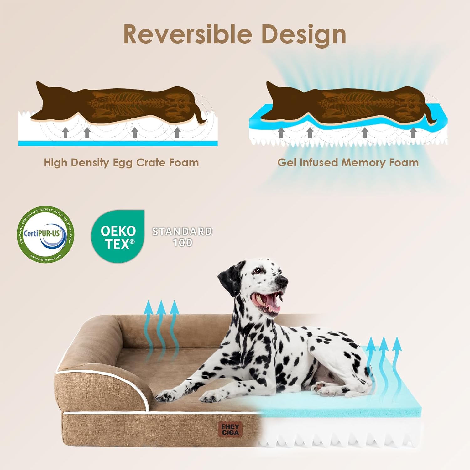EHEYCIGA Orthopedic XL Dog Beds, Waterproof Memory Foam Dog Bed for Extra Large Dogs, Non-Slip Bottom and Egg-Crate Foam Big Pet Couch Bed with Washable Removable Cover, Camel