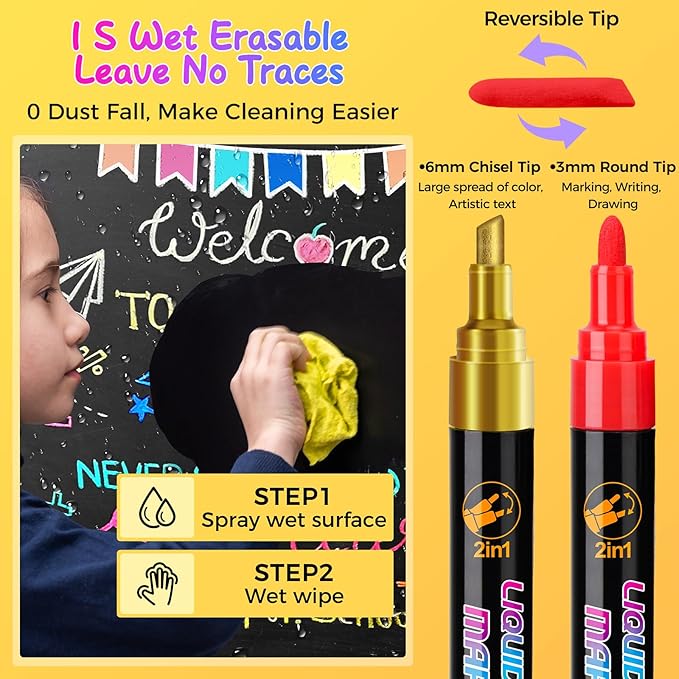 SFAIH Liquid Chalk Markers for Bhalkboard - Vibrant 8 Colors 6mm Reversible Tip, Wet Erase Marker for Chalkboard, Menu, Bistro, Signs, Windows, Glass, Labels, Dust-Free [1s Wet Wipe] - No Residue