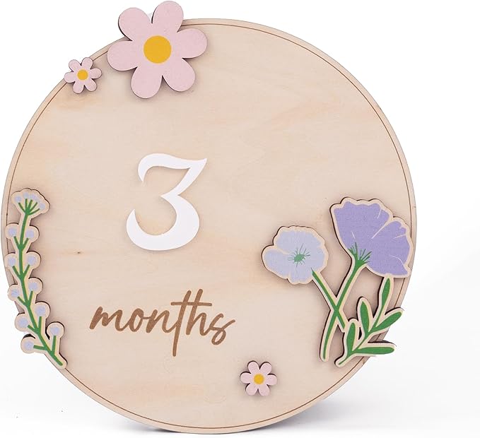 Baby Monthly Milestone Wooden Sign with Numbers and Stand – Natural Wood Milestone Board for Newborn Monthly Growth Photos – Cute 3D Flowers Photo Prop for Baby Milestone Memories (Flower)