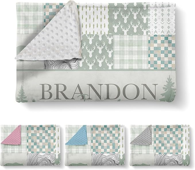 Personalized Rustic Woodland Baby Blanket - Custom Name Bear & Deer Design, Soft Blanket with Double Layer Dotted Backing for Infants Toddlers, Ideal Nursery Decor (47" x60)