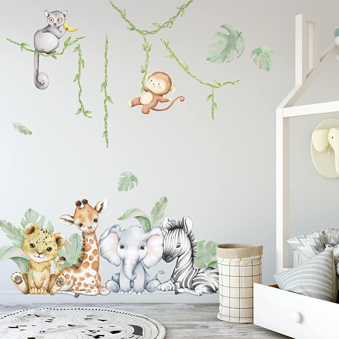 59.05x53.14 Inch Woodland Animals Wall Decals Forest Animal Wall Decal Elephant Zebra Monkey Giraffe Nursery Decor for Home Baby Room Decorations Boys Girls Bedroom