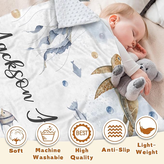 Personalized Baby Blanket with Name, Customized Baby Blanket for Kids Newborns, Soft Flannel with Double Layer Dotted Backing, Customized Gifts for Baby Shower Birthday, Sea Turtle(60" x80)