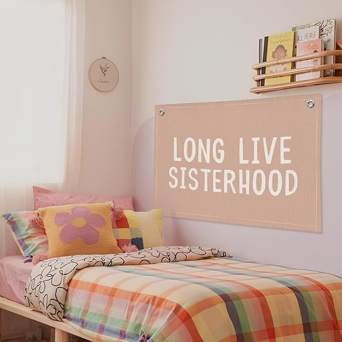 Long Live Sisterhood Nursery Banner - Pink Linen Wall Hanging for Baby Shower, Toddler Room Decor & Girls Bedroom - Sister Friendship Art Inspirational Banner 20x30