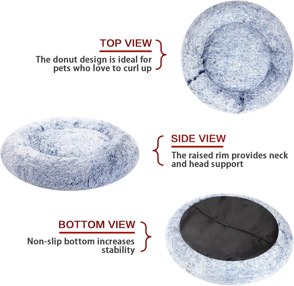 Bedfolks Calming Donut Dog Bed, 30 Inches Round Fluffy Dog Beds for Medium Dogs, Anti-Anxiety Plush Dog Bed, Machine Washable Pet Bed (Navy Blue, Medium)