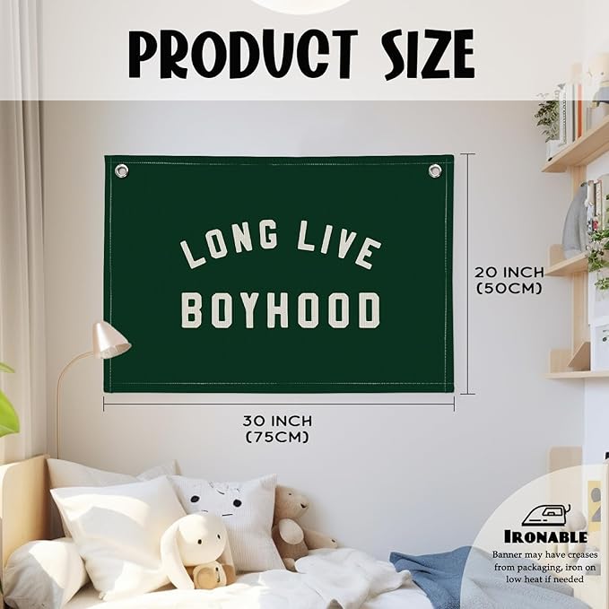 Long Live Boyhood Boys Room Decor - Linen Banner Wall Hanging Canvas Banner Flag Decor for Toddler Boy Room Nursery Playroom - Dark Green