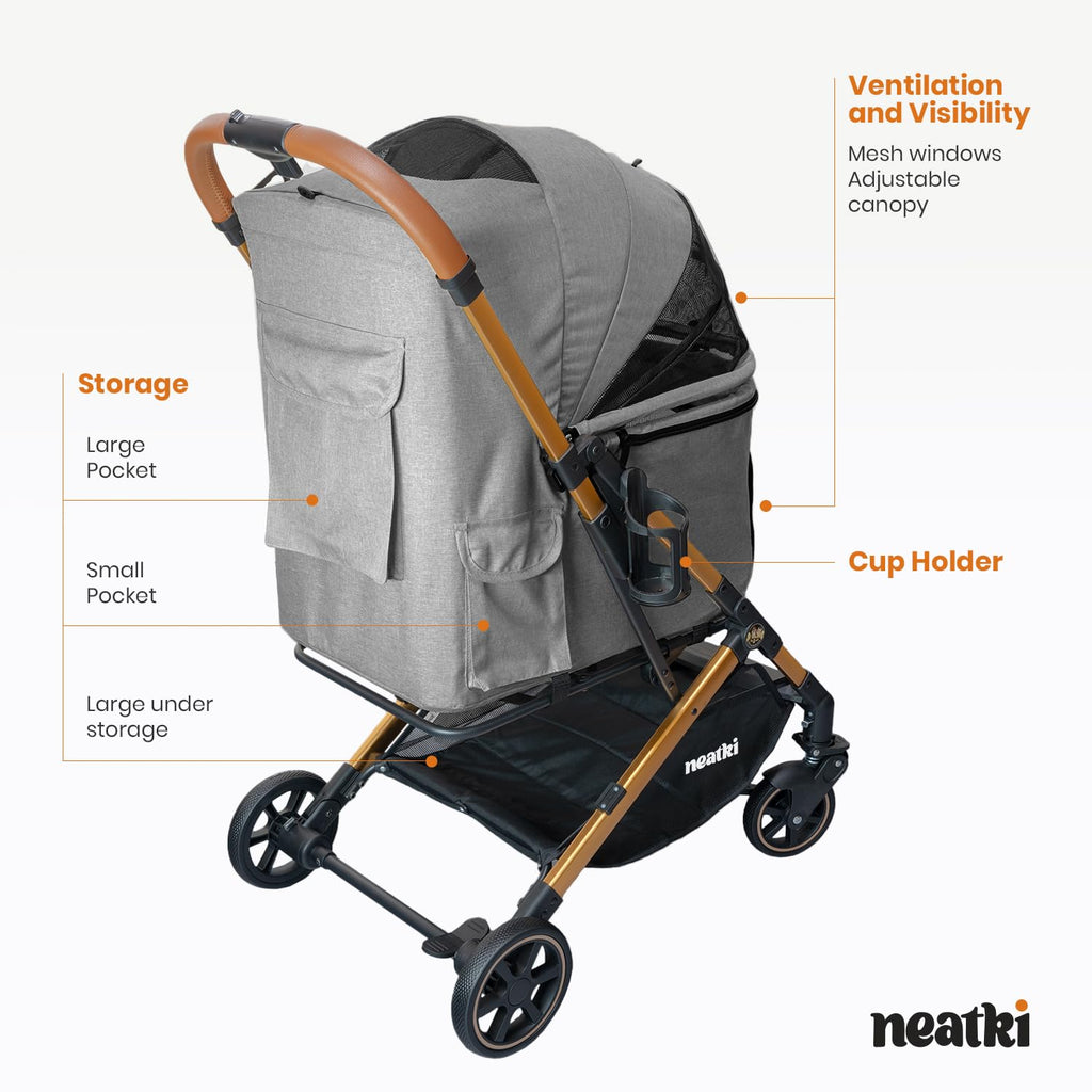 Foldable Pet Stroller for Dogs and Cats, 33 lbs Capacity, 360° Swivel Front Wheels, One-Click Fold, Brake System, Leash & Lock Clips, Removable Washable Padding, and Cup Holder (Gray, 33 lbs)