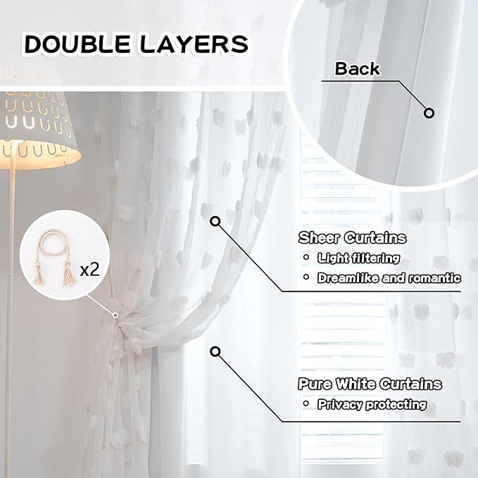 MYSKY HOME White Curtains for Bedroom 63 Inch Long Double Layer Curtains for Kids Room Kithen White Pom Pom Sheer Nursery Curtains Grommet Room Darkening Window Curtains 2 Panels Set, 52 x 63 Inch