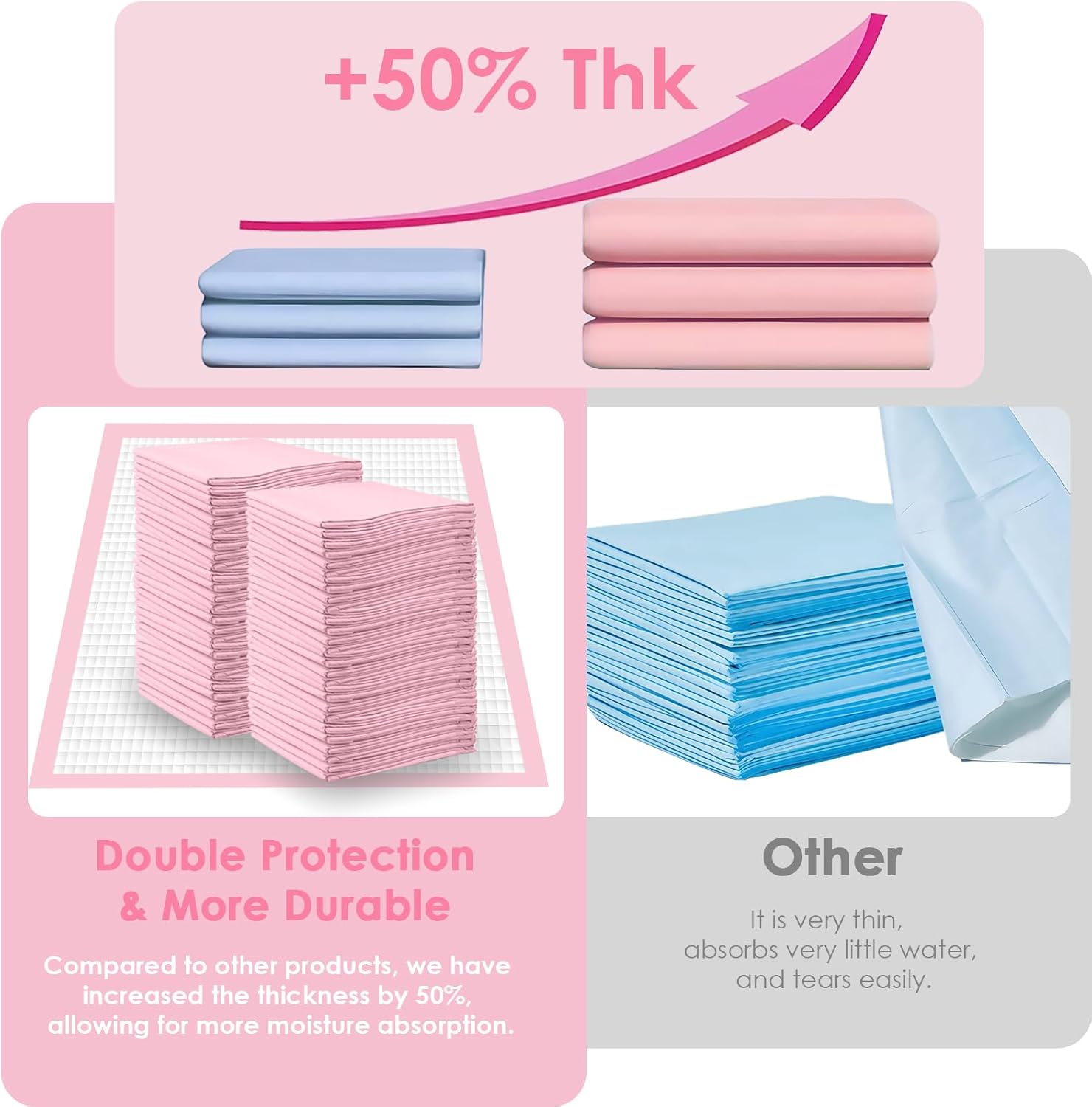 Pink Puppy Pee Pads, 18"x 24" 50 Count Disposable Puppy Pee Pad for Pet Toilet Training, Super Absorbent & Thick, Leak-Proof, Quick-Dry, Pet Potty Pads for Puppies, Dogs, Cats, Rabbits