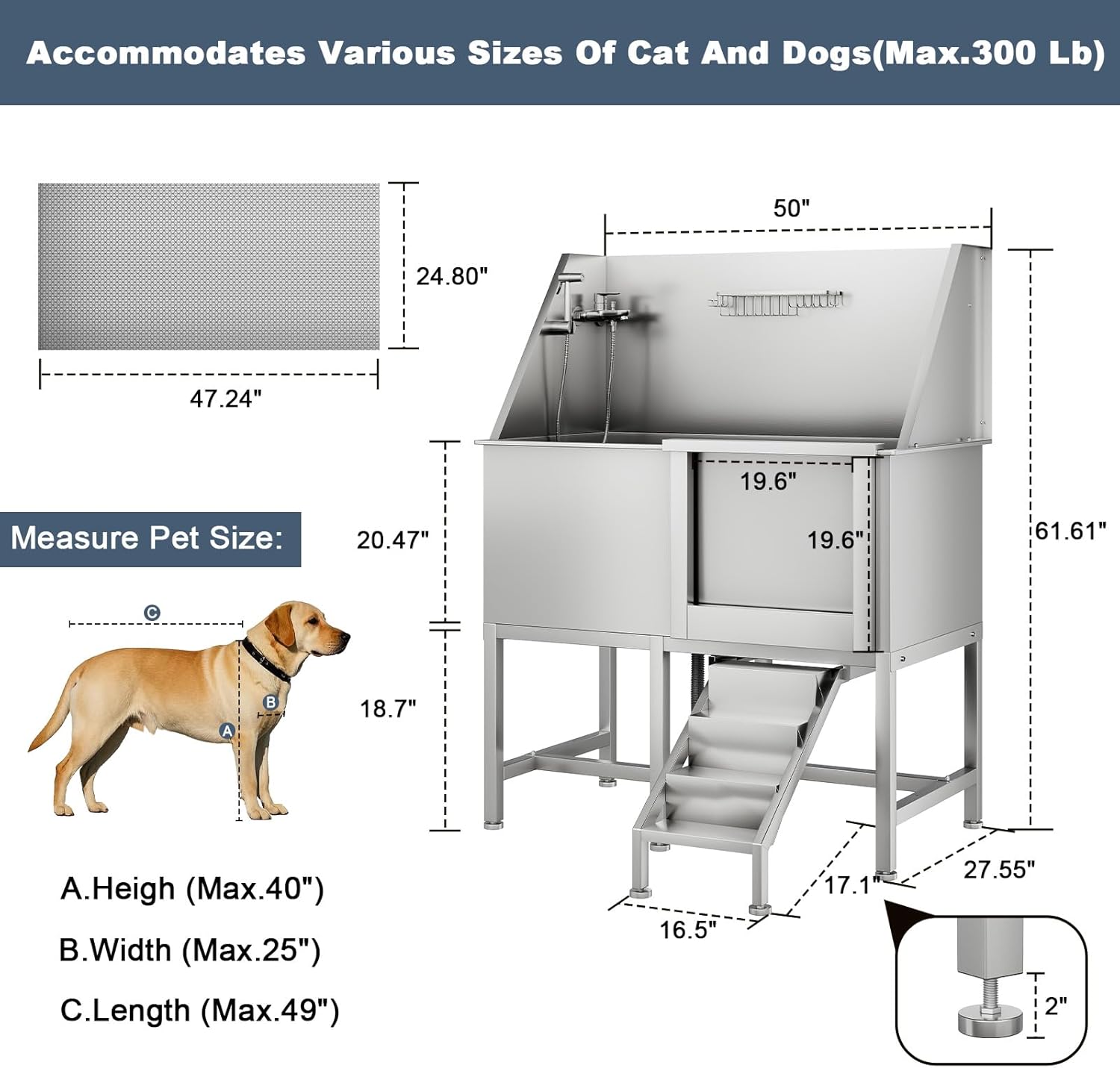 CuisinSmart 50" Dog Bathtub for Large Dogs, Professional Dog Washing Station with Dog Wash Attachment, Bath Pool for Outdoor, Indoor Shower and Grooming (50" Right Door)