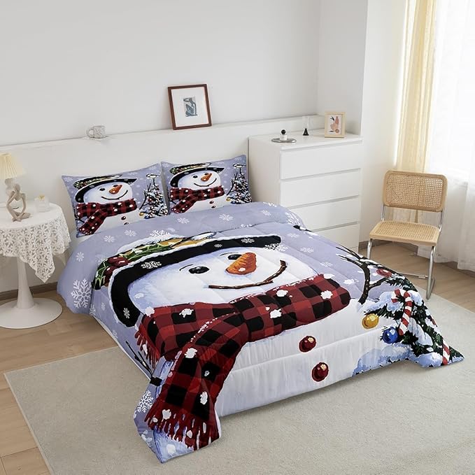 Feelyou Kids Christmas Theme Decorations Bedding Set Xmas Snowman Comforter Set for Boys Girls Merry Christmas Comforter Funny Cute Decor Quilt Set Bedroom Collection 3Pcs King Size