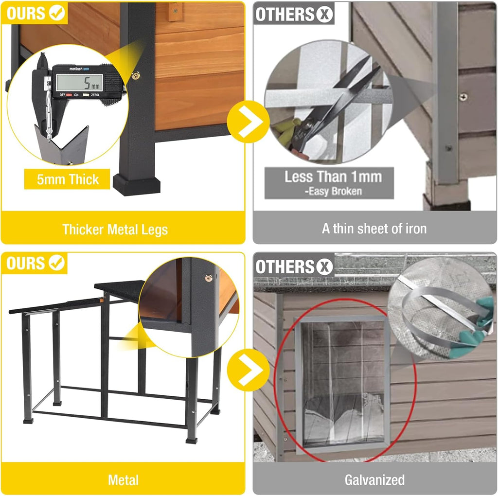 Chew-Resistant Dog House with Metal Frame, Wooden Kennel for Indoor & Outdoor Use, Waterproof Roof & Feeding Bowls Included (Wood, L-in)