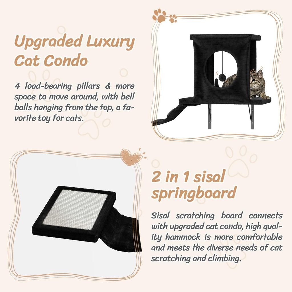 NUNU LAB 7-in-1 Wall Mounted Cat Climber Set, Cat Furniture with House, Tunnel, Bridge, Steps, Scratcher, Hammock, Shelves for Indoor, Black