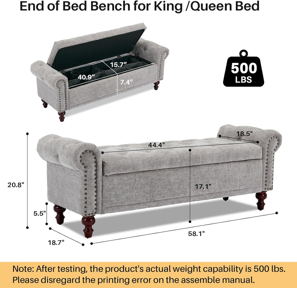 58.1'' Storage Bench Upholstered Chenille End of Bedroom Bed Bench Ottoman with Tufted Cushioned Rolled Arm Large Storage Space for Reading Living Room Entryway, Light Grey
