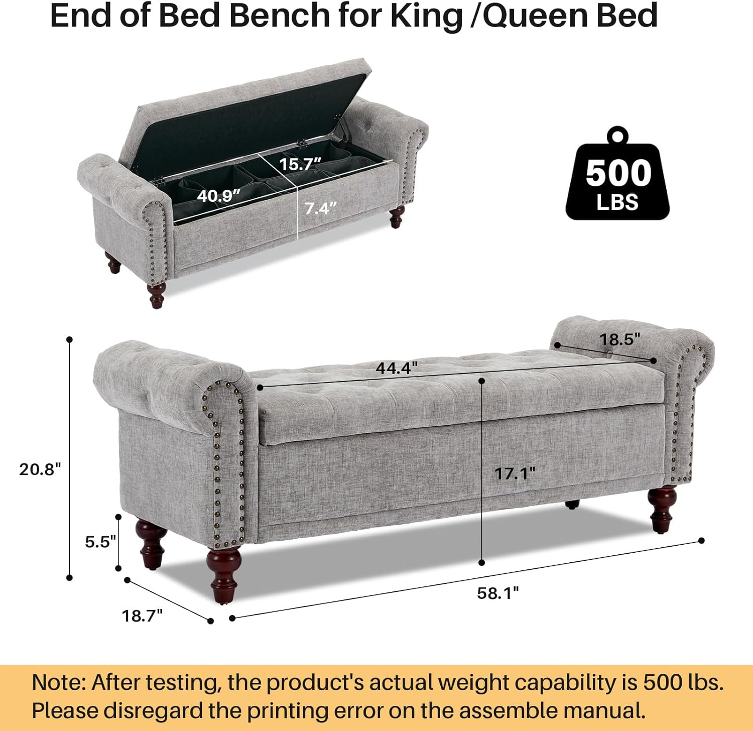 58.1'' Storage Bench Upholstered Chenille End of Bedroom Bed Bench Ottoman with Tufted Cushioned Rolled Arm Large Storage Space for Reading Living Room Entryway, Light Grey