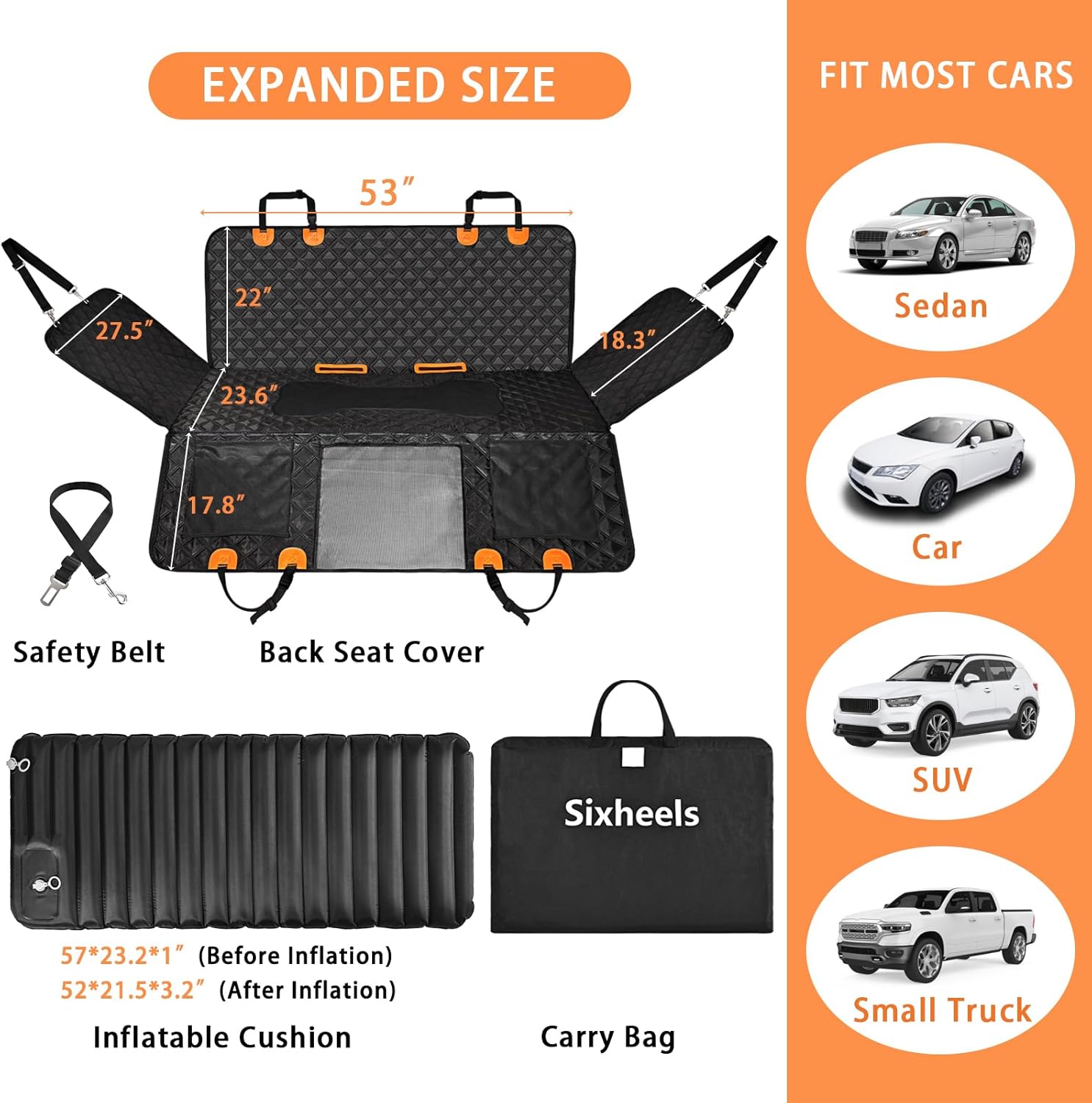 Car Back Seat Pet Cover for Dogs Back Seats Protector, Soft Inflatable Cushion Backseat Extender Comfortable Dog Hammock, Waterproof Dog Bed Rear Travel Accessories for Car,SUV,Truck