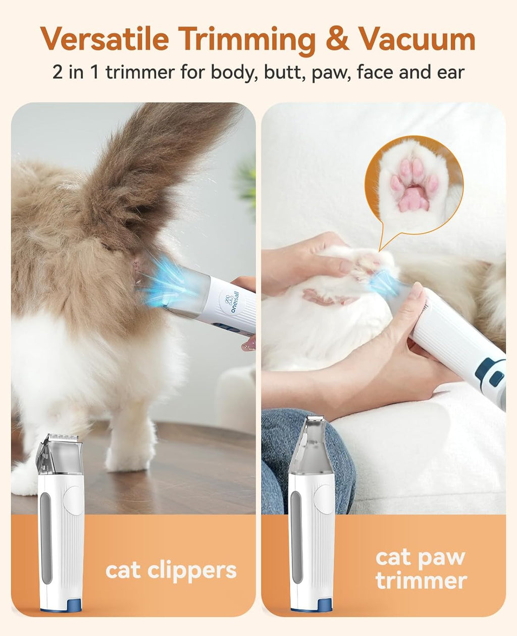 oneisall Cat Vacuum Groomer Quiet, Pet Vacuum Grooming Kit with Clipper Paw Trimmer & Brush, 1.5L Large Dust Cup Pet Vacuum for Shedding, Trimming & Home Cleaning