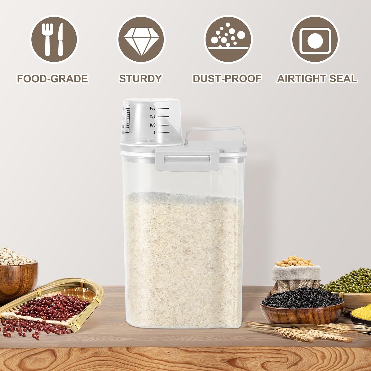 TBMax Rice Storage container 4 Lbs, Small Rice Dispenser with Measuring Cup, Grey Cereal Containers Flour Bin, Kitchen Food Storage Container and Pantry Organizers, Pet Dog Cat Food Dispenser