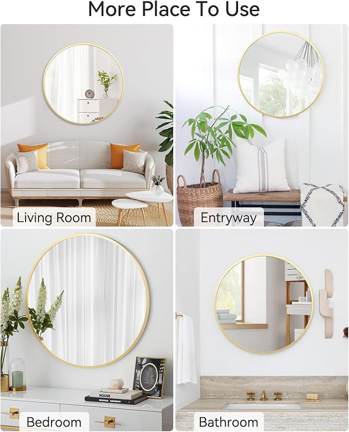 Gold Circle Mirror for Bathroom, 24 inch Circle Mirror, HD Eco-Friendly Round Bathroom Mirror for Over Sink, Matte Gold Metal Framed Wall Mirror for Wall, Vanity, Living Room, Easy to Install