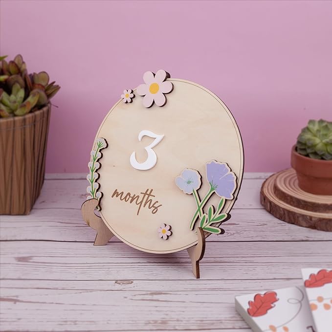 Baby Monthly Milestone Wooden Sign with Numbers and Stand – Natural Wood Milestone Board for Newborn Monthly Growth Photos – Cute 3D Flowers Photo Prop for Baby Milestone Memories (Flower)