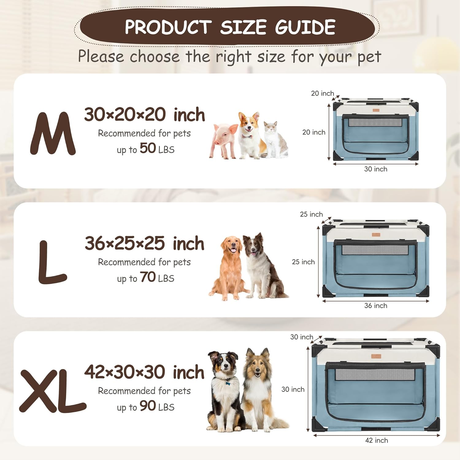 Dog Crate - Soft Pet Kennel for Dogs/Cats, 3-Door Breathable Travel Cage with Mesh Window, Portable Dog Kennel for Indoor & Outdoor，Blue-M