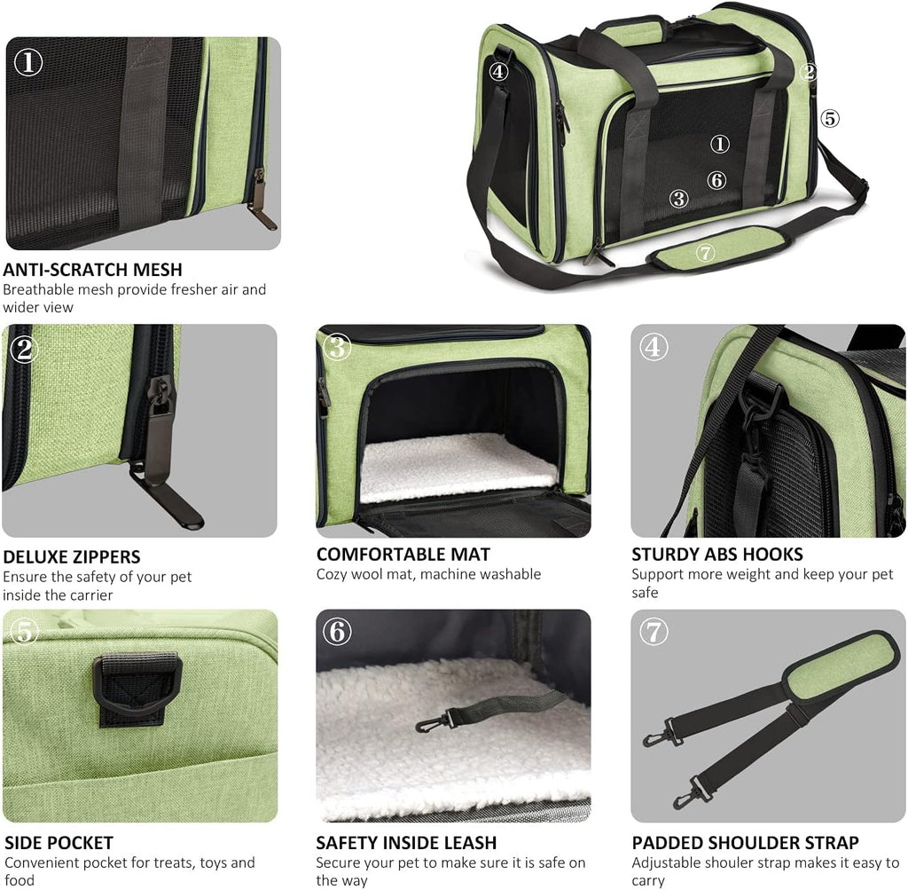 Pet Carrier for Small Medium Cats Dogs Puppies up to 15 Lbs, Airline Approved Small Dog Carrier Soft Sided, Collapsible Travel Puppy Carrier - Green