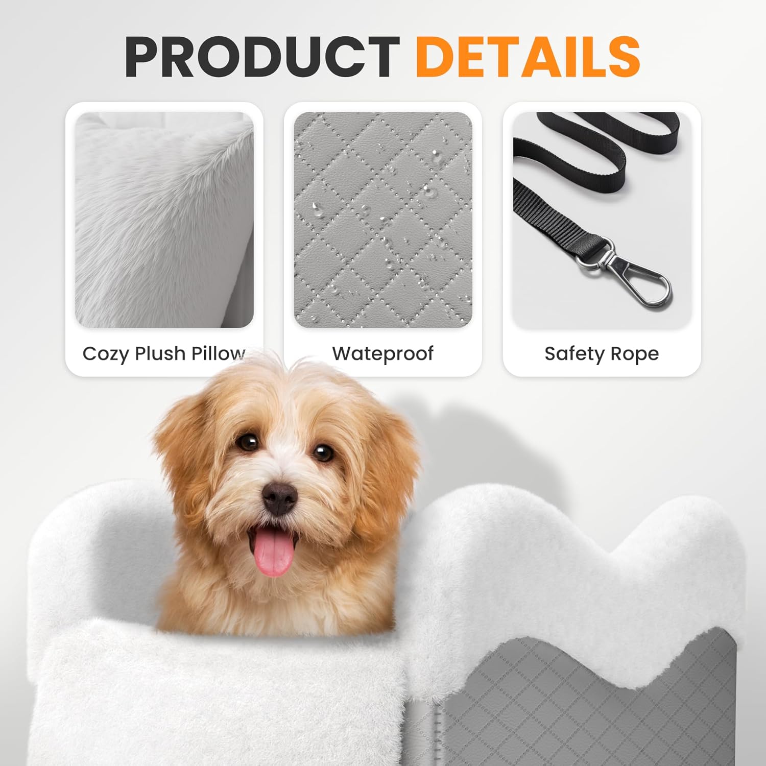 Portable Small Dog Seat for Car,Luxury Center Console Dog Car Seat Booster with Safety Tethers,Auti-Collapse Pet Travel Carrier for SUV,Truck.(Light Grey/White)