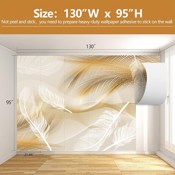 Gold and White Feather Wallpaper for Living Room Bedroom（Not Peel and Stick）