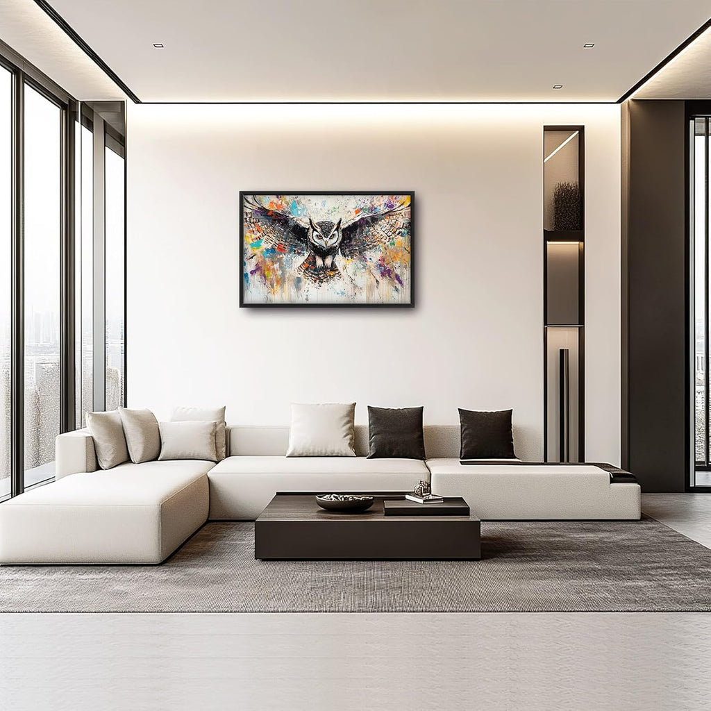 Large Owl Wall Art for Living Room, Framed Oversized Banksy Owl Wall Decor Colorful Wildlife Canvas Painting Animal Pictures Modern Artwork for Living Room Bathroom Bedroom Office Dining Room 36"x24"