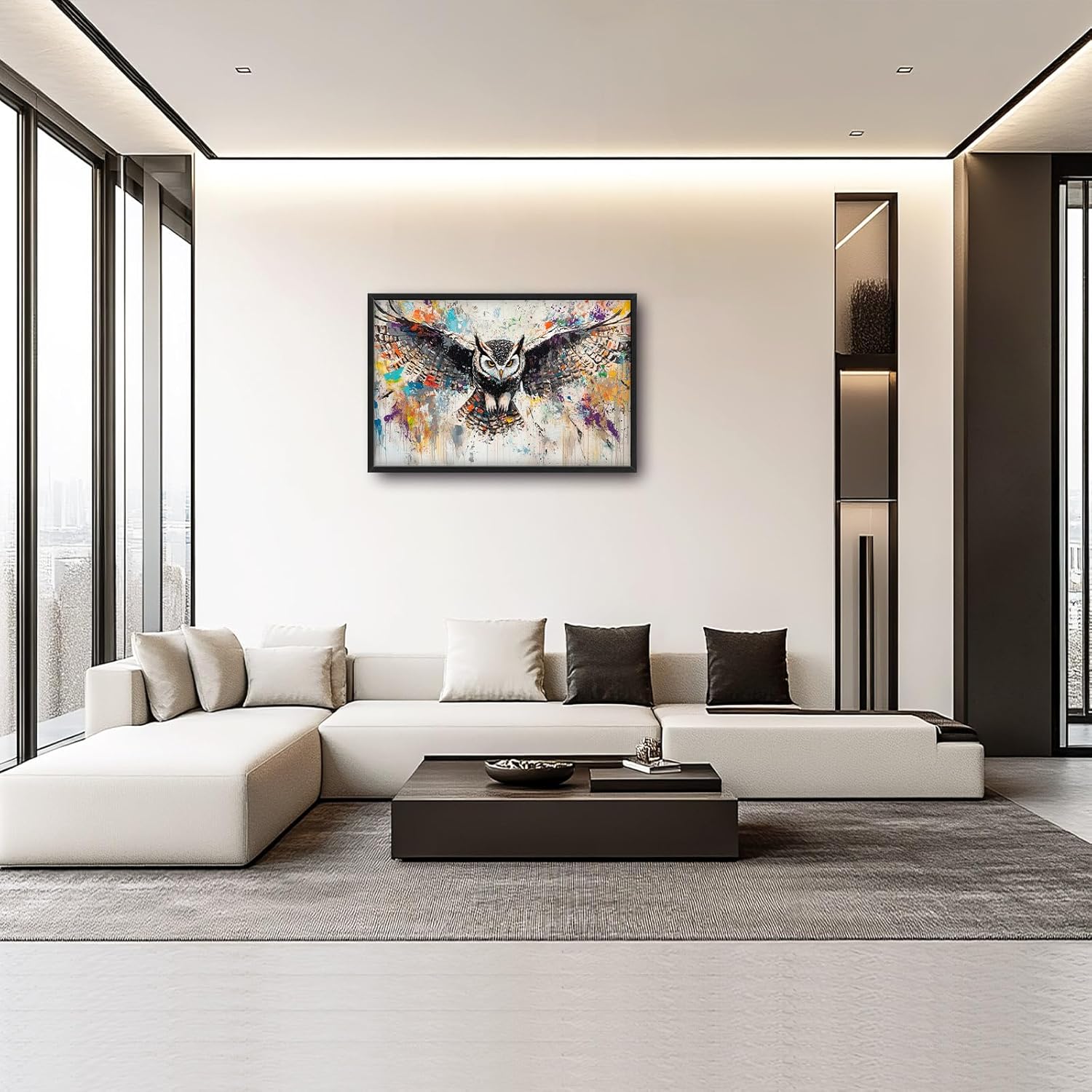 Large Owl Wall Art for Living Room, Framed Oversized Banksy Owl Wall Decor Colorful Wildlife Canvas Painting Animal Pictures Modern Artwork for Living Room Bathroom Bedroom Office Dining Room 36"x24"