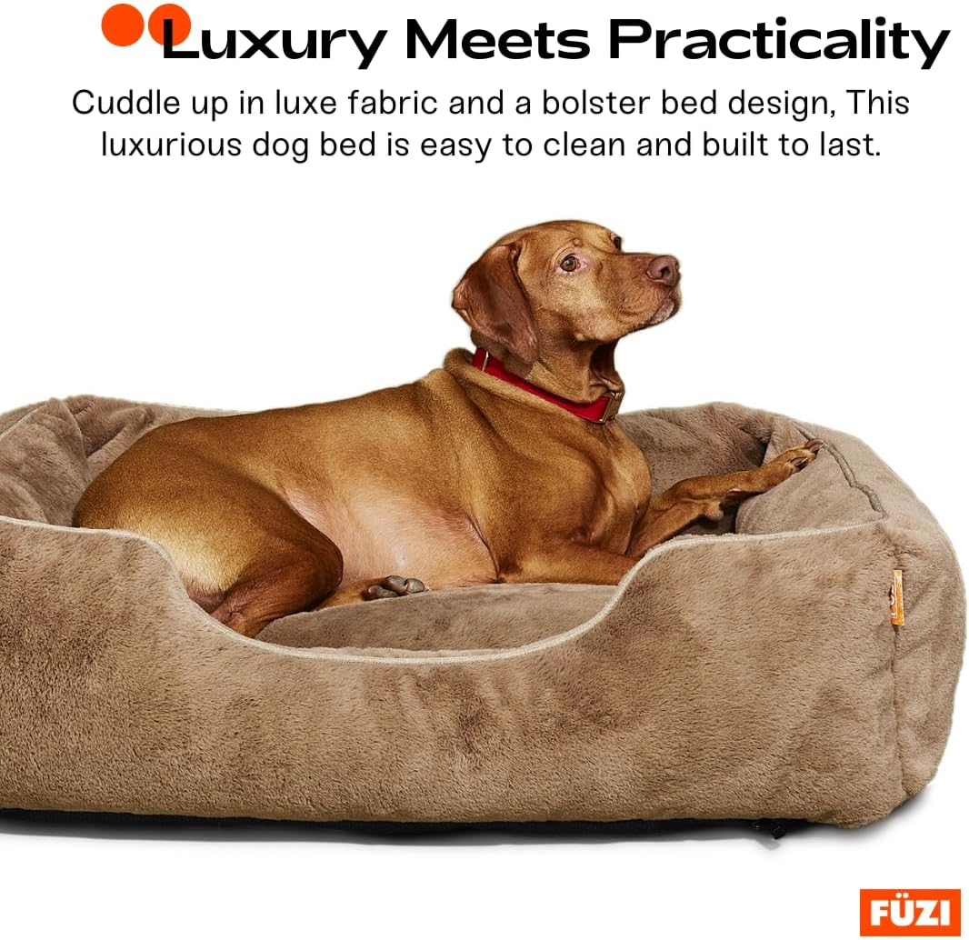 FUZI Premium Aesthetic Dog Bed for Medium Dogs with Washable Cover, Pet Couch, Pet Bed with Sides, Non-Slip Bottom, Soft and Durable Calming Dog Bed, Faux Rabbit Fur, Medium 31.75x23.6x9.5 Dark Grey