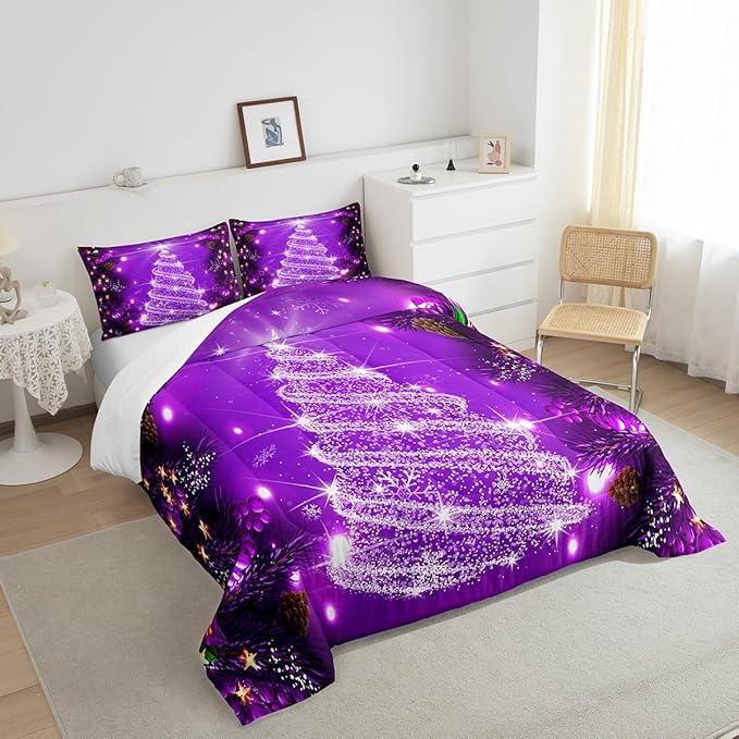 Feelyou Kids Merry Christmas Decorations Comforter Set, Kids Santa Tree Bedding Set Queen Size for Boys Girls Teens Xmas Christmas Bell Decor Comforter Glitter Purple Quilt Set