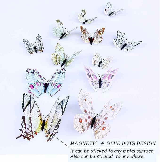 Butterfly Wall Decor 24/48 PCS, 3D Butterflies Stickers for Party Decorations with Magnets (White, 48)