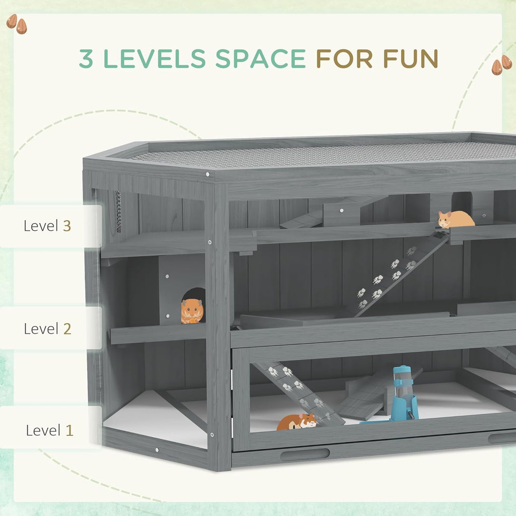 PawHut Wooden Large Hamster Cage Small Animal Exercise Play House 3 Tier with Tray, Seesaws, Water Bottle, Activity Center, Gray