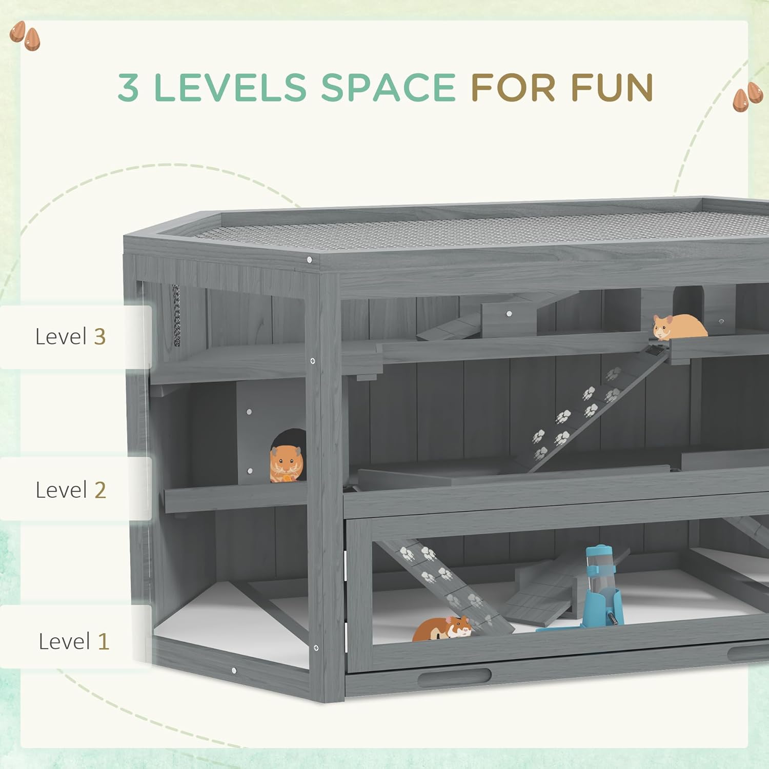 PawHut Wooden Large Hamster Cage Small Animal Exercise Play House 3 Tier with Tray, Seesaws, Water Bottle, Activity Center, Gray