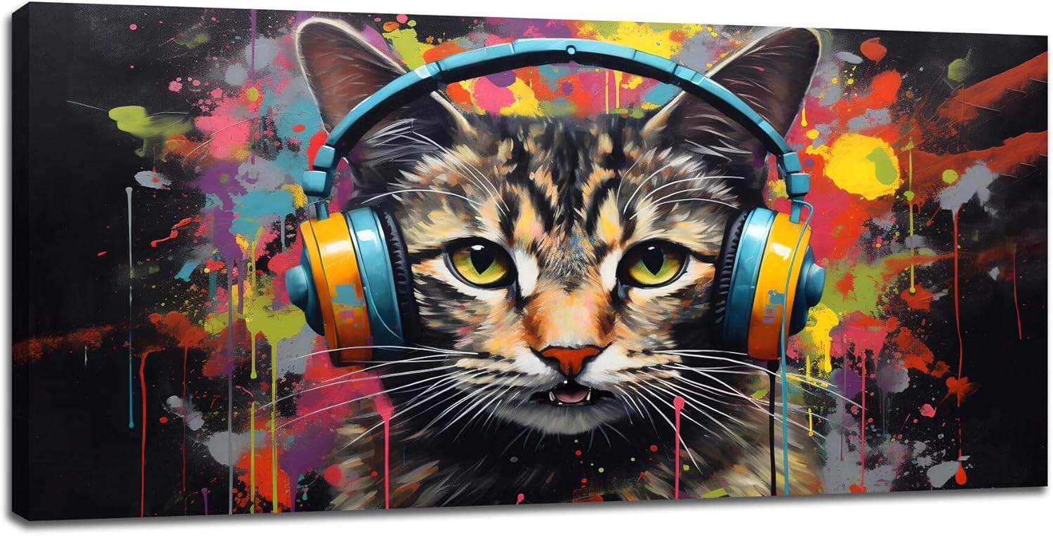 Large Banksy Cat Wall Art Colorful Graffiti Canvas Living Room Pictures Framed Prints Street Pop Modern Wall Decor Painting Artwork for Bedroom Dining Office Home 60"x30"