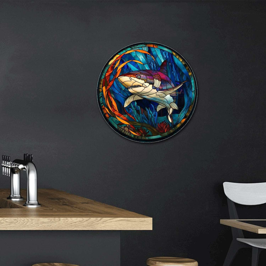Lygond Metal Shark Tin Sign - Stained Glass Style, 8x8 Inches