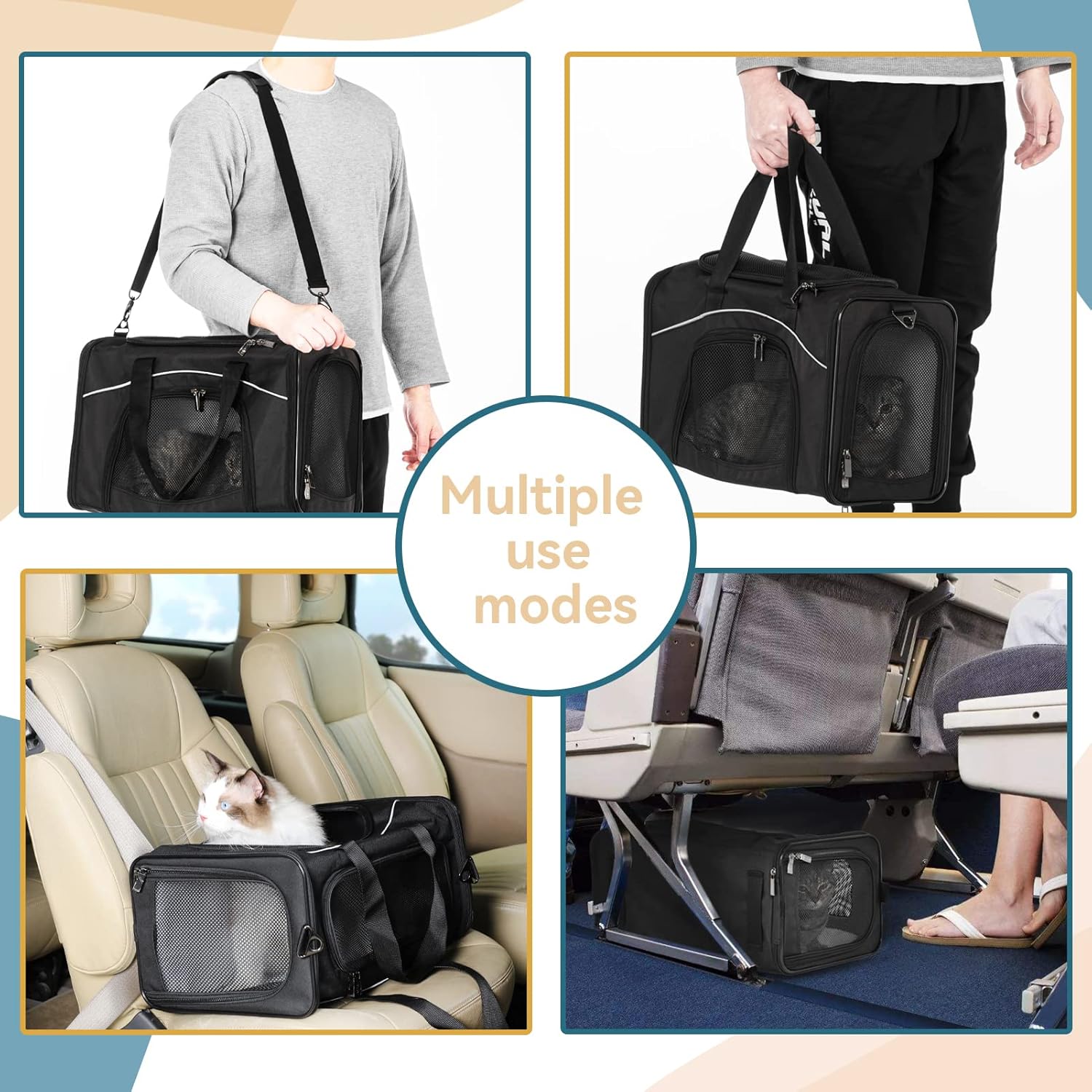 Petsfit Two-Way Placement Pet Carrier Airline Approved, Cat Carriers for Kittens, Puppies,Rabbit,Hamsters, Washable,Black