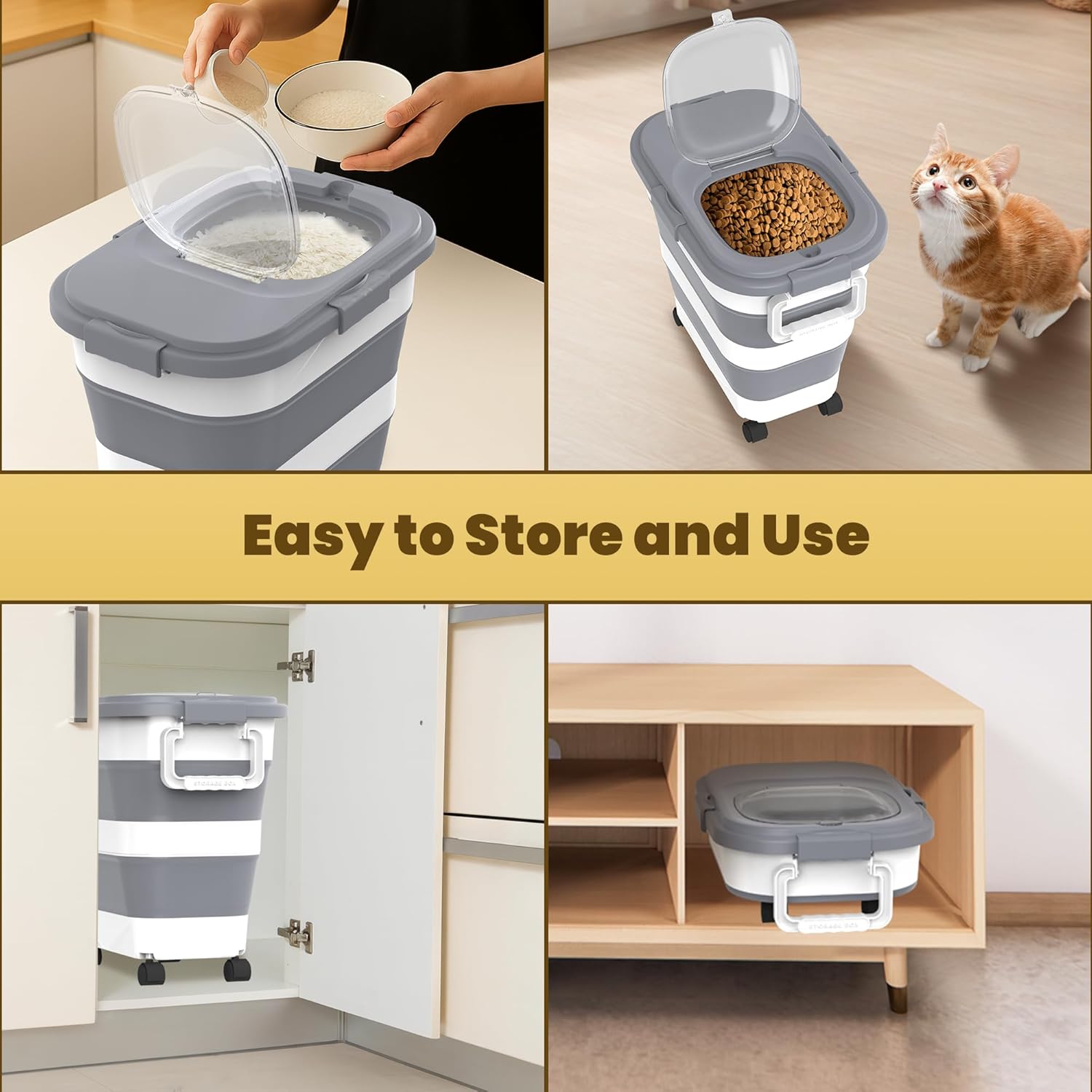 HOYTAMDA 30-40Lbs Rice Container,Collapsible Airtight Food Storage Containers with Wheels,Handle,Rice Storage Container with Small Bin and Scoop,Rice Dispenser for Flour Sugar Cereal Grain Dog Cat